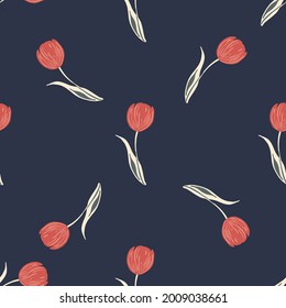 Geometric seamless nature pattern with doodle tulip flower elements. Dark background. Decorative print. Flat vector print for textile, fabric, giftwrap, wallpapers. Endless illustration.