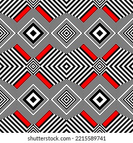 Geometric seamless ornament with white, red and black squares. Abstract striped composition with elements of optical illusions. Minimalistic style. Vector.