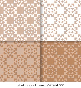Geometric seamless ornaments. Set of beige seamless patterns for textile, paper, wallpapers and fabrics.