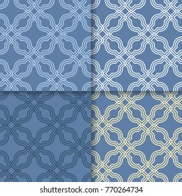 Geometric seamless ornaments. Set of blue seamless patterns for textile, paper, wallpapers and fabrics.