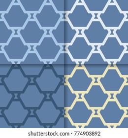 Geometric seamless ornaments. Set of blue seamless patterns for textile, paper, wallpapers and fabrics.