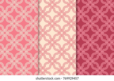 Geometric seamless ornaments. Set of cherry red seamless patterns for textile, paper, wallpapers and fabrics.