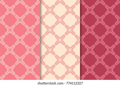 Geometric seamless ornaments. Set of cherry red seamless patterns for textile, paper, wallpapers and fabrics.