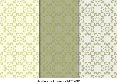 Geometric seamless ornaments. Set of olive green vertical seamless patterns for textile, paper, wallpapers and fabrics.