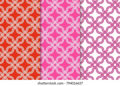 Geometric seamless ornaments. Set of red seamless patterns for textile, paper, wallpapers and fabrics.