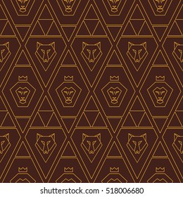 Geometric  seamless outline pattern with  lion  and  wolf. Vector. Brown.
