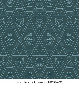 Geometric  seamless outline pattern with  lion  and  wolf. Vector. Gray.