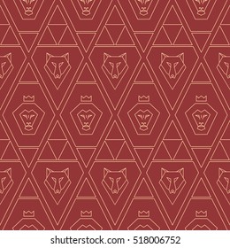 Geometric  seamless outline pattern with  lion  and  wolf. Vector. Terracotta and pink.