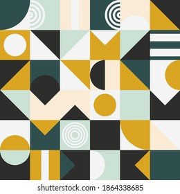 Geometric seamless pattern - with 2021 trend colors Fortuna Gold, Tidewater Green, Inkwell Blue, on Set Sail Champagne background