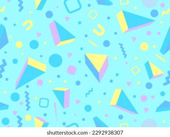 Geometric seamless pattern with 3d figures in 80s - 90s memphis style. Colorful background with isometric shapes. Design of promotional products, wrapping paper and printing. Vector illustration