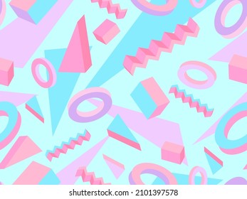 Geometric seamless pattern with 3d shapes in 80s memphis style. Multicolored isometric geometric shapes. Design template for promotional items, wrapping paper and banners. Vector illustration