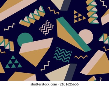 Geometric seamless pattern with 3d shapes in 80s memphis style. Multicolored isometric geometric shapes. Design template for promotional items, wrapping paper and banners. Vector illustration