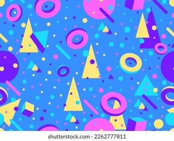 Geometric seamless pattern with 3d shapes in 80s memphis style. Isometric 3D geometric shapes in different colors. Design for printing on paper, banners and wallpapers. Vector illustration