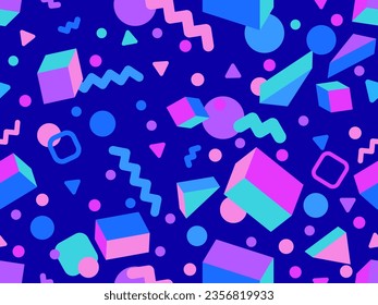 Geometric seamless pattern with 3d shapes in 80s memphis style. Isometric geometric shapes. Colorful background design for promotional products, wrapping paper and printing. Vector illustration