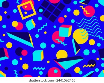 Geometric seamless pattern with 3D shapes in the style of the 80s and 90s. Isometric 3D shapes in Memphis style. Design of promotional products, wrapping paper and printing. Vector illustration