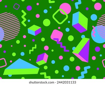Geometric seamless pattern with 3D shapes in the style of the 80s and 90s. Isometric 3D shapes in Memphis style. Design of promotional products, wrapping paper and printing. Vector illustration