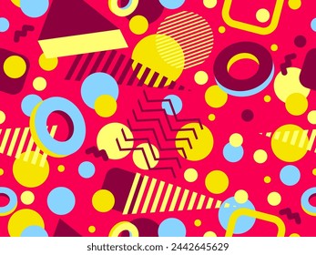 Geometric seamless pattern with 3D shapes in the style of the 80s and 90s. Isometric 3D shapes in Memphis style. Design of promotional products, wrapping paper and printing. Vector illustration