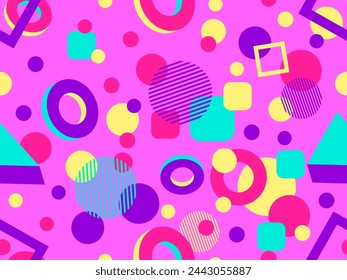 Geometric seamless pattern with 3D shapes in the style of the 80s and 90s. Isometric 3D shapes in Memphis style. Design of promotional products, wrapping paper and printing. Vector illustration
