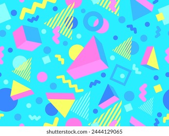 Geometric seamless pattern with 3D shapes in the style of the 80s and 90s. Isometric 3D shapes in Memphis style. Design of promotional products, wrapping paper and printing. Vector illustration