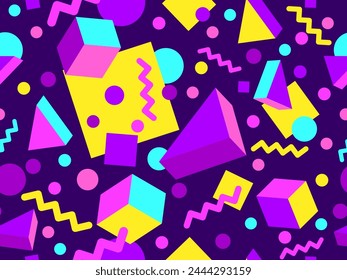 Geometric seamless pattern with 3D shapes in the style of the 80s and 90s. Isometric 3D shapes in Memphis style. Design of promotional products, wrapping paper and printing. Vector illustration