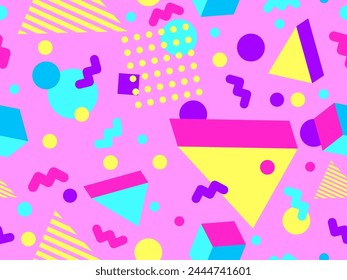 Geometric seamless pattern with 3D shapes in the style of the 80s and 90s. Isometric 3D shapes in Memphis style. Design of promotional products, wrapping paper and printing. Vector illustration