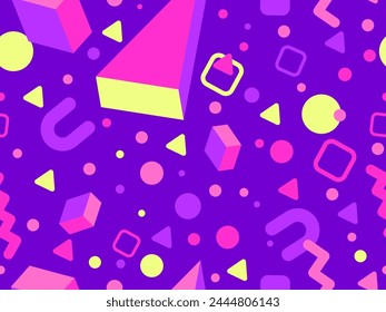 Geometric seamless pattern with 3D shapes in the style of the 80s and 90s. Isometric 3D shapes in Memphis style. Design of promotional products, wrapping paper and printing. Vector illustration