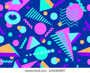 Geometric seamless pattern with 3D shapes in the style of the 80s and 90s. Isometric 3D shapes in Memphis style. Design of promotional products, wrapping paper and printing. Vector illustration