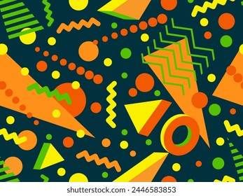 Geometric seamless pattern with 3D shapes in the style of the 80s and 90s. Isometric 3D shapes in Memphis style. Design of promotional products, wrapping paper and printing. Vector illustration