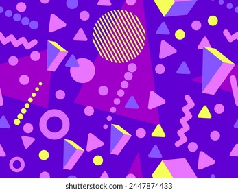 Geometric seamless pattern with 3D shapes in the style of the 80s and 90s. Isometric 3D shapes in Memphis style. Design of promotional products, wrapping paper and printing. Vector illustration