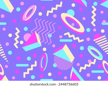 Geometric seamless pattern with 3D shapes in the style of the 80s and 90s. Isometric 3D shapes in Memphis style. Design of promotional products, wrapping paper and printing. Vector illustration