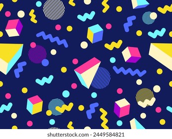 Patrón geométrico sin fisuras con Formas 3D al estilo de los años 80 y 90. Formas 3D isométricas en estilo Memphis. Diseño de productos promocionales, papel de embalaje e impresión. Ilustración vectorial