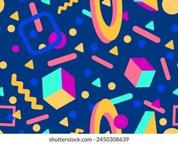 Geometric seamless pattern with 3D shapes in the style of the 80s and 90s. Isometric 3D shapes in Memphis style. Design of promotional products, wrapping paper and printing. Vector illustration