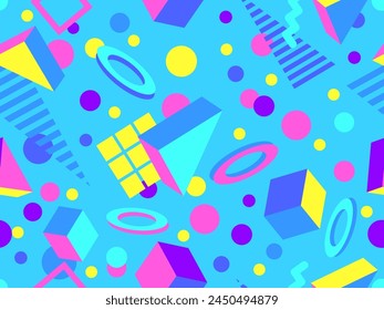 Geometric seamless pattern with 3D shapes in the style of the 80s and 90s. Isometric 3D shapes in Memphis style. Design of promotional products, wrapping paper and printing. Vector illustration