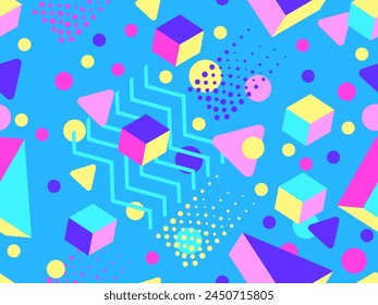 Geometric seamless pattern with 3D shapes in the style of the 80s and 90s. Isometric 3D shapes in Memphis style. Design of promotional products, wrapping paper and printing. Vector illustration