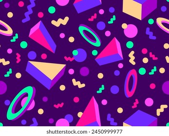 Geometric seamless pattern with 3D shapes in the style of the 80s and 90s. Isometric 3D shapes in Memphis style. Design of promotional products, wrapping paper and printing. Vector illustration