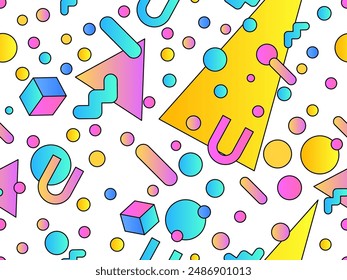 Geometric seamless pattern with 3d shapes in 80s style. Colorful gradient geometric pattern in isometric style. Design of promotional products, wrapping paper and printing. Vector illustration