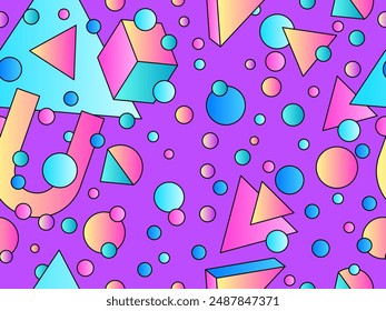 Geometric seamless pattern with 3d shapes in 80s style. Colorful gradient geometric pattern in isometric style. Design of promotional products, wrapping paper and printing. Vector illustration