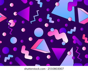 Geometric seamless pattern with 3d shapes in 80s style. Colorful gradient geometric pattern in isometric style. Design of promotional products, wrapping paper and printing. Vector illustration
