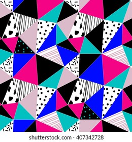 Geometric seamless pattern in 80s - 90s fashion style. Abstract polygon background in vivid colors