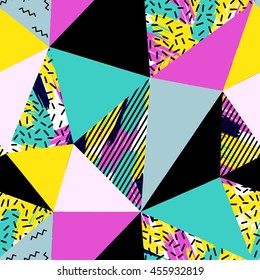 Geometric seamless pattern in 80s - 90s fashion style. Abstract polygon background  with brush stroke elements