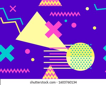 Geometric seamless pattern in 80s memphis style. Trend colors. Vector illustration