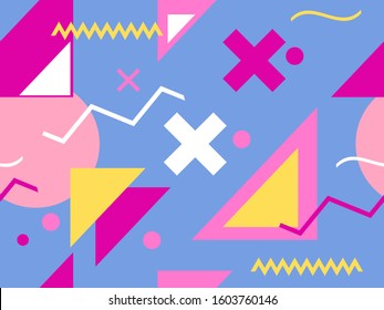 Geometric seamless pattern in 80s memphis style. Trend colors. Vector illustration