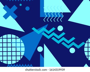 Geometric seamless pattern in 80s memphis style. Shades of turquoise color. Background for brochures, promotional material and wallpaper. Vector illustration