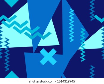 Geometric seamless pattern in 80s memphis style. Shades of turquoise color. Background for brochures, promotional material and wallpaper. Vector illustration