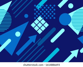 Geometric seamless pattern in 80s memphis style. Shades of turquoise color. Background for brochures, promotional material and wallpaper. Vector illustration