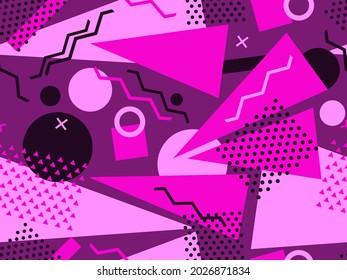 Geometric seamless pattern in 80s memphis style. Geometric shapes triangles, circles and dots. Trendy retro background for printing on paper, advertising materials and fabric. Vector illustration