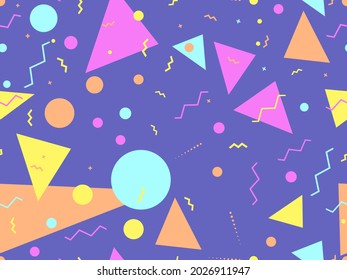 Patrón geométrico sin fisuras en el estilo memphis de los años 80. Formas geométricas triángulos, círculos y puntos. Fondo retro de moda para imprimir en papel, materiales publicitarios y tela. Ilustración del vector