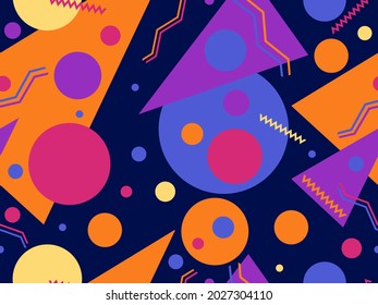 Geometric seamless pattern in 80s memphis style. Geometric shapes triangles, circles and dots. Trendy retro background for printing on paper, advertising materials and fabric. Vector illustration