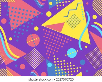 Geometric seamless pattern in 80s memphis style. Geometric shapes triangles, circles and dots. Trendy retro background for printing on paper, advertising materials and fabric. Vector illustration