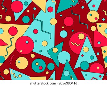 Geometric seamless pattern in 80s memphis style. Geometric shapes with strokes. Abstract colorful background. Design for brochures, banners and promotional materials. Vector illustration
